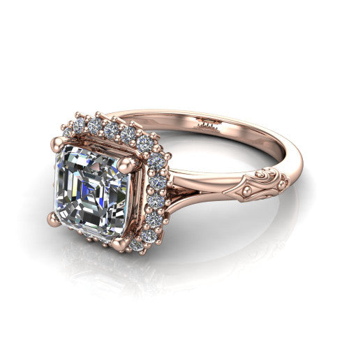 Lillian square emerald vintage halo engagement ring in 14K Rose Gold, three-quarter perspective showing the square emerald center in a squared pav&eacute; halo above an engraved filigree band