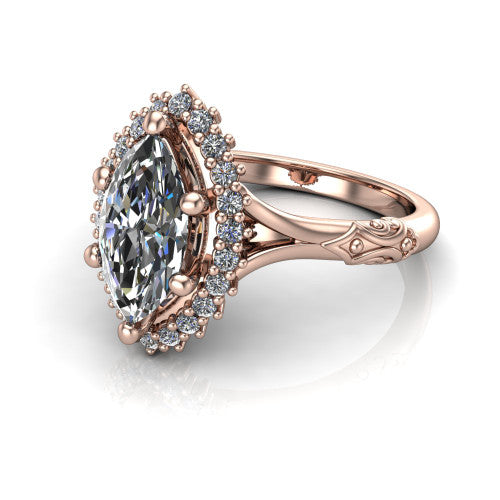 Lillian marquise vintage halo engagement ring in 18K Rose Gold, three-quarter perspective showing the marquise center in a squared pav&eacute; halo above an engraved filigree band