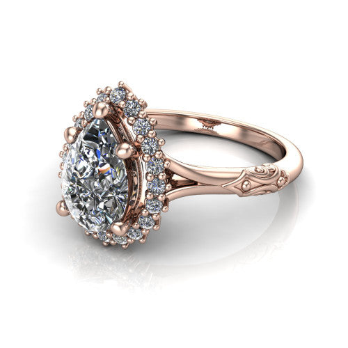 Lillian pear vintage halo engagement ring in 14K Rose Gold, three-quarter perspective showing the pear center in a squared pav&eacute; halo above an engraved filigree band