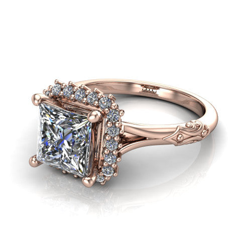 Lillian princess vintage halo engagement ring in 14K Rose Gold, three-quarter perspective showing the princess center in a squared pav&eacute; halo above an engraved filigree band