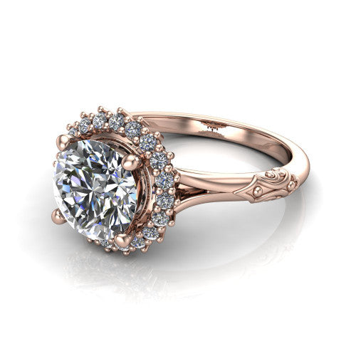 Lillian round vintage halo engagement ring in 18K Rose Gold, three-quarter perspective showing the round center in a squared pav&eacute; halo above an engraved filigree band