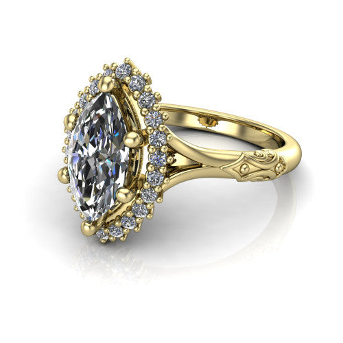 Lillian marquise vintage halo engagement ring in 18K Yellow Gold, three-quarter perspective showing the marquise center in a squared pav&eacute; halo above an engraved filigree band