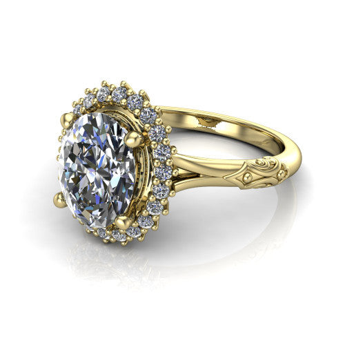 Lillian oval vintage halo engagement ring in 14K Yellow Gold, three-quarter perspective showing the oval center in a squared pav&eacute; halo above an engraved filigree band