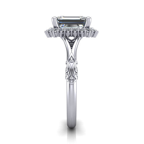 Lillian emerald vintage halo engagement ring in Platinum, side profile showing the engraved filigree shoulders, plain band, and squared halo in profile