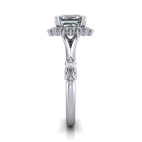 Lillian square emerald vintage halo engagement ring in 18K White Gold, side profile showing the engraved filigree shoulders, plain band, and squared halo in profile