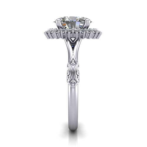 Lillian oval vintage halo engagement ring in 18K White Gold, side profile showing the engraved filigree shoulders, plain band, and squared halo in profile