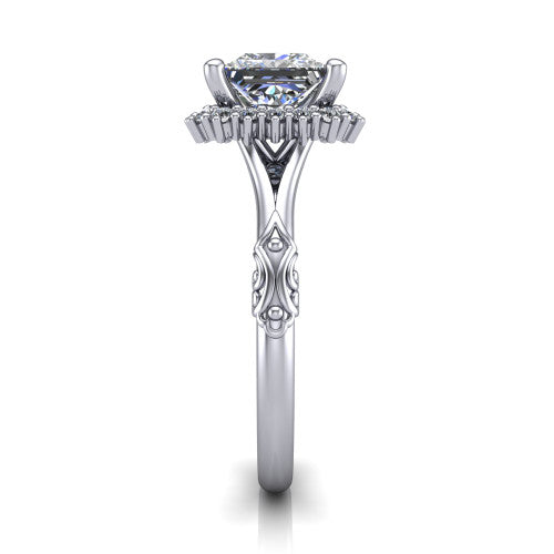 Lillian princess vintage halo engagement ring in 14K White Gold, side profile showing the engraved filigree shoulders, plain band, and squared halo in profile