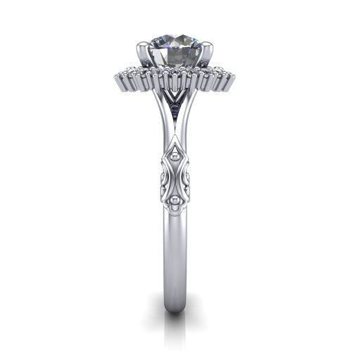 Lillian round vintage halo engagement ring in Platinum, side profile showing the engraved filigree shoulders, plain band, and squared halo in profile