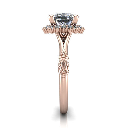 Lillian cushion vintage halo engagement ring in 14K Rose Gold, side profile showing the engraved filigree shoulders, plain band, and squared halo in profile