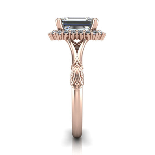 Lillian emerald vintage halo engagement ring in 18K Rose Gold, side profile showing the engraved filigree shoulders, plain band, and squared halo in profile