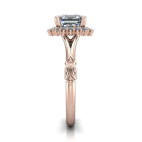 Lillian square emerald vintage halo engagement ring in 18K Rose Gold, side profile showing the engraved filigree shoulders, plain band, and squared halo in profile