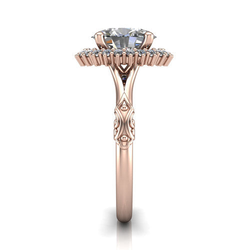 Lillian oval vintage halo engagement ring in 18K Rose Gold, side profile showing the engraved filigree shoulders, plain band, and squared halo in profile