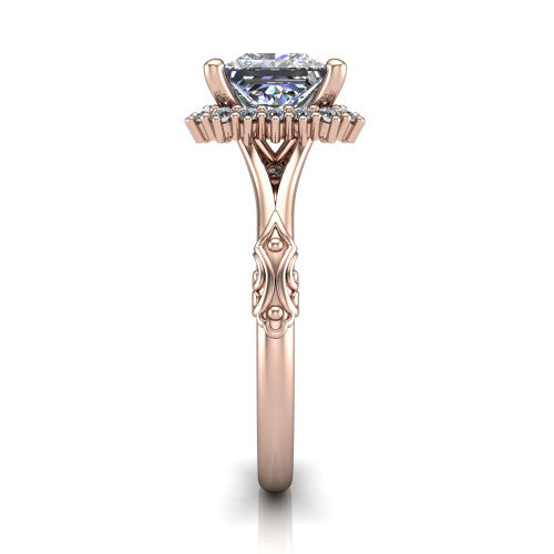 Lillian princess vintage halo engagement ring in 14K Rose Gold, side profile showing the engraved filigree shoulders, plain band, and squared halo in profile