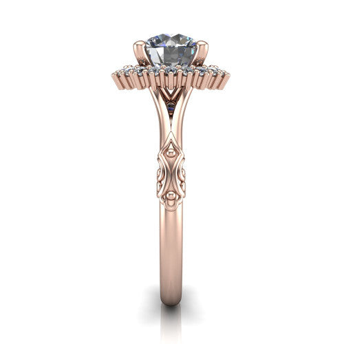 Lillian round vintage halo engagement ring in 18K Rose Gold, side profile showing the engraved filigree shoulders, plain band, and squared halo in profile