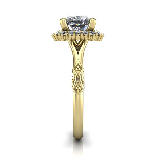 Lillian cushion vintage halo engagement ring in 18K Yellow Gold, side profile showing the engraved filigree shoulders, plain band, and squared halo in profile