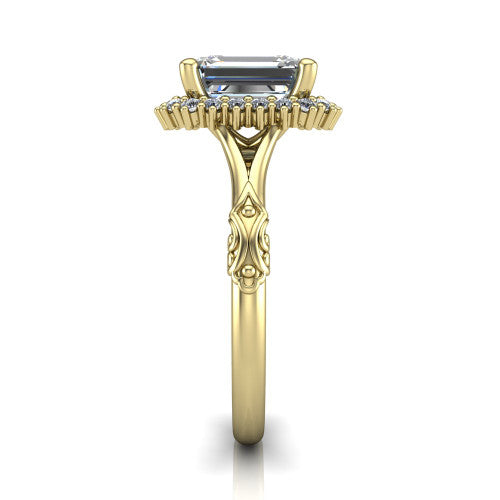 Lillian emerald vintage halo engagement ring in 14K Yellow Gold, side profile showing the engraved filigree shoulders, plain band, and squared halo in profile