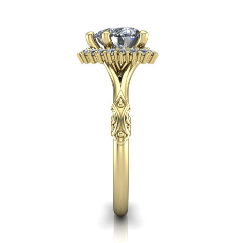 Lillian heart vintage halo engagement ring in 14K Yellow Gold, side profile showing the engraved filigree shoulders, plain band, and squared halo in profile