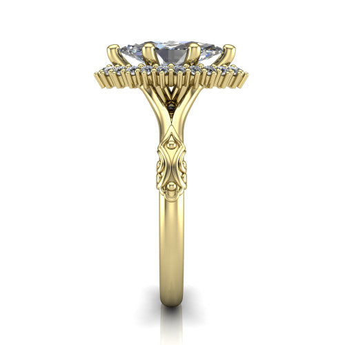 Lillian marquise vintage halo engagement ring in 14K Yellow Gold, side profile showing the engraved filigree shoulders, plain band, and squared halo in profile