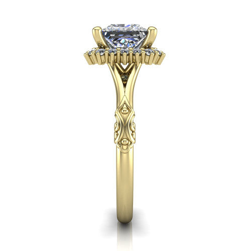 Lillian princess vintage halo engagement ring in 18K Yellow Gold, side profile showing the engraved filigree shoulders, plain band, and squared halo in profile
