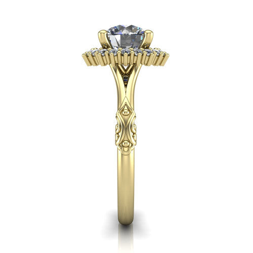 Lillian round vintage halo engagement ring in 18K Yellow Gold, side profile showing the engraved filigree shoulders, plain band, and squared halo in profile