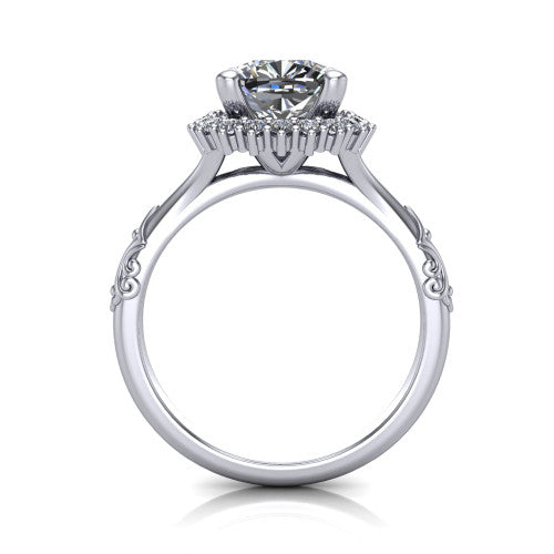 Lillian cushion vintage halo engagement ring in 18K White Gold, through-finger front profile showing the halo head and filigree gallery above the engraved band