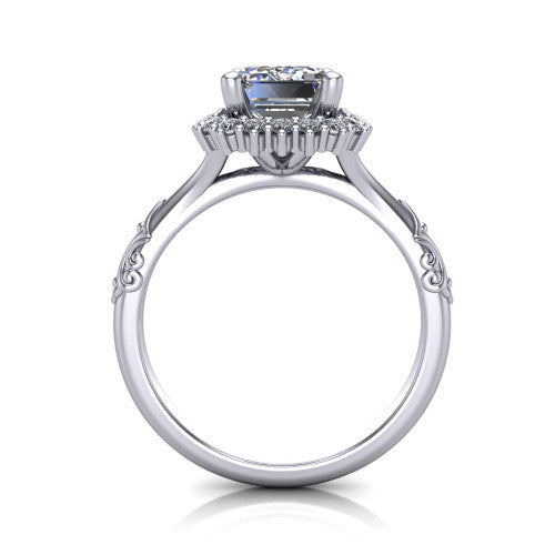 Lillian emerald vintage halo engagement ring in 14K White Gold, through-finger front profile showing the halo head and filigree gallery above the engraved band