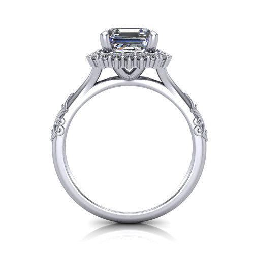 Lillian square emerald vintage halo engagement ring in 18K White Gold, through-finger front profile showing the halo head and filigree gallery above the engraved band