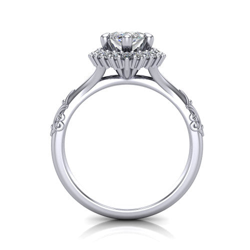 Lillian marquise vintage halo engagement ring in 14K White Gold, through-finger front profile showing the halo head and filigree gallery above the engraved band