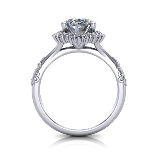 Lillian oval vintage halo engagement ring in Platinum, through-finger front profile showing the halo head and filigree gallery above the engraved band