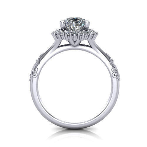 Lillian pear vintage halo engagement ring in Platinum, through-finger front profile showing the halo head and filigree gallery above the engraved band