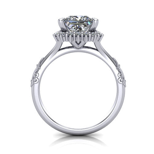 Lillian princess vintage halo engagement ring in 18K White Gold, through-finger front profile showing the halo head and filigree gallery above the engraved band