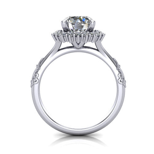 Lillian round vintage halo engagement ring in Platinum, through-finger front profile showing the halo head and filigree gallery above the engraved band