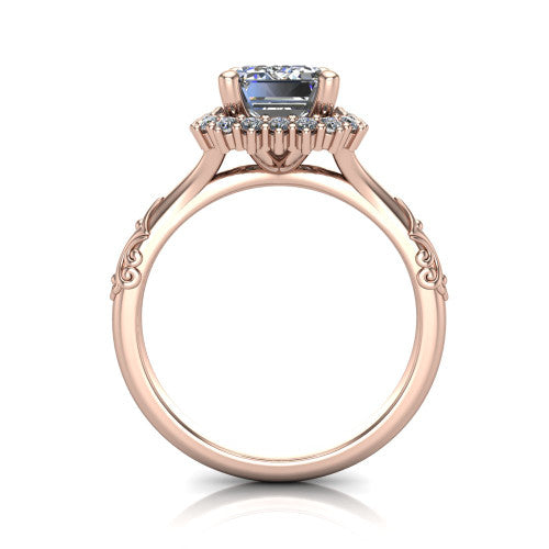 Lillian emerald vintage halo engagement ring in 18K Rose Gold, through-finger front profile showing the halo head and filigree gallery above the engraved band
