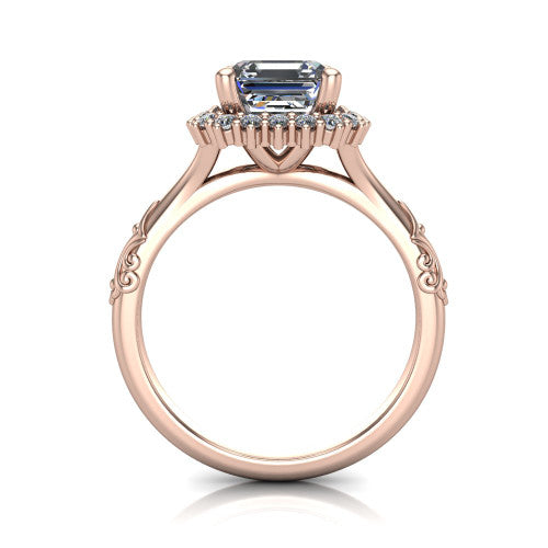 Lillian square emerald vintage halo engagement ring in 18K Rose Gold, through-finger front profile showing the halo head and filigree gallery above the engraved band