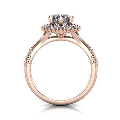 Lillian heart vintage halo engagement ring in 18K Rose Gold, through-finger front profile showing the halo head and filigree gallery above the engraved band