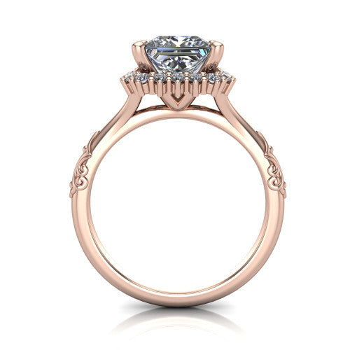 Lillian princess vintage halo engagement ring in 14K Rose Gold, through-finger front profile showing the halo head and filigree gallery above the engraved band