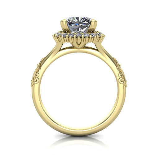 Lillian cushion vintage halo engagement ring in 14K Yellow Gold, through-finger front profile showing the halo head and filigree gallery above the engraved band