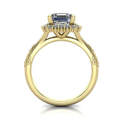 Lillian square emerald vintage halo engagement ring in 14K Yellow Gold, through-finger front profile showing the halo head and filigree gallery above the engraved band