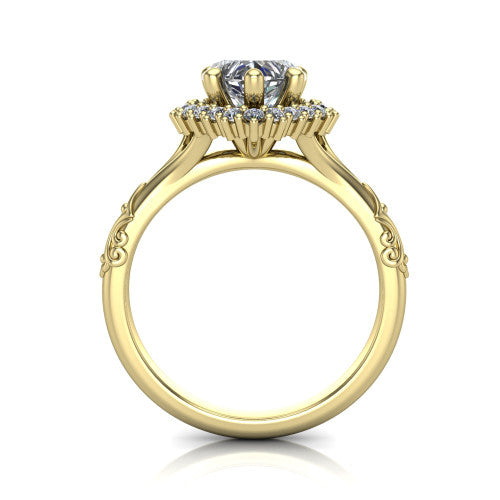 Lillian heart vintage halo engagement ring in 18K Yellow Gold, through-finger front profile showing the halo head and filigree gallery above the engraved band