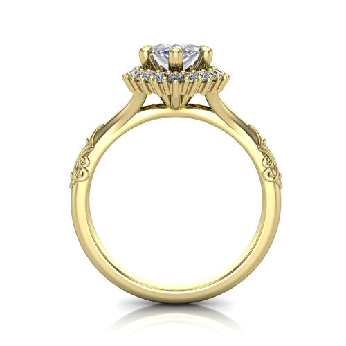 Lillian marquise vintage halo engagement ring in 14K Yellow Gold, through-finger front profile showing the halo head and filigree gallery above the engraved band