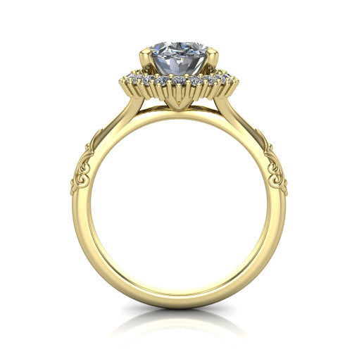 Lillian oval vintage halo engagement ring in 14K Yellow Gold, through-finger front profile showing the halo head and filigree gallery above the engraved band