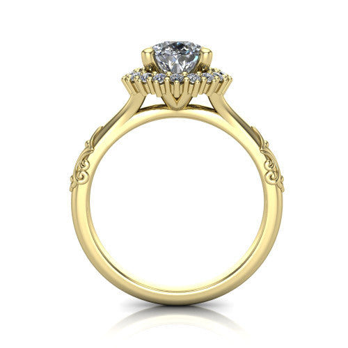 Lillian pear vintage halo engagement ring in 14K Yellow Gold, through-finger front profile showing the halo head and filigree gallery above the engraved band