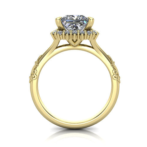Lillian princess vintage halo engagement ring in 18K Yellow Gold, through-finger front profile showing the halo head and filigree gallery above the engraved band