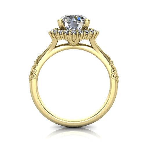 Lillian round vintage halo engagement ring in 18K Yellow Gold, through-finger front profile showing the halo head and filigree gallery above the engraved band
