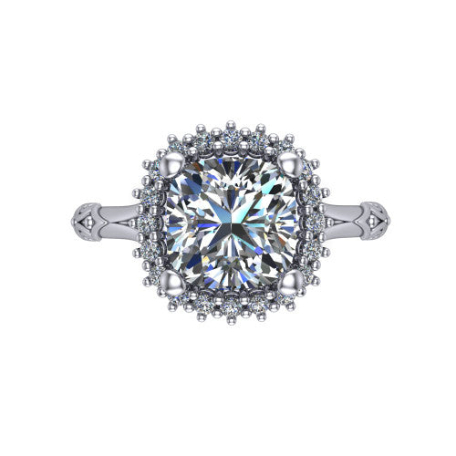 Lillian cushion vintage halo engagement ring in 14K White Gold, top-down view showing the squared pav&eacute; halo framing the cushion center