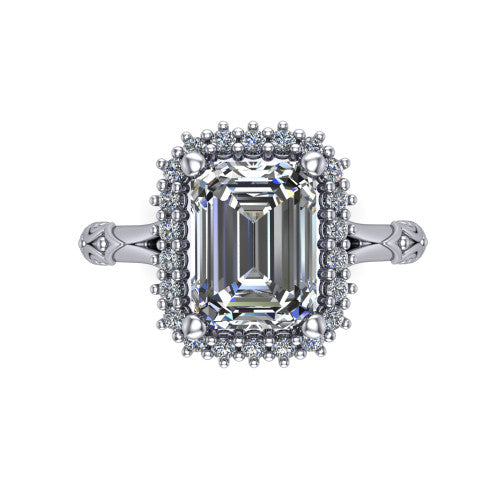 Lillian emerald vintage halo engagement ring in Platinum, top-down view showing the squared pav&eacute; halo framing the emerald center