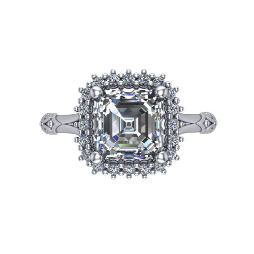 Lillian square emerald vintage halo engagement ring in 18K White Gold, top-down view showing the squared pav&eacute; halo framing the square emerald center
