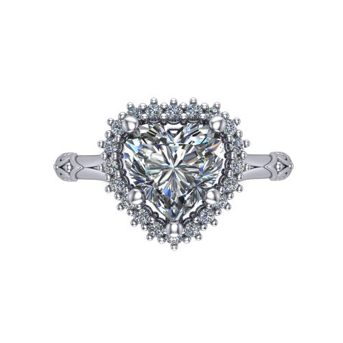 Lillian heart vintage halo engagement ring in 14K White Gold, top-down view showing the squared pav&eacute; halo framing the heart center
