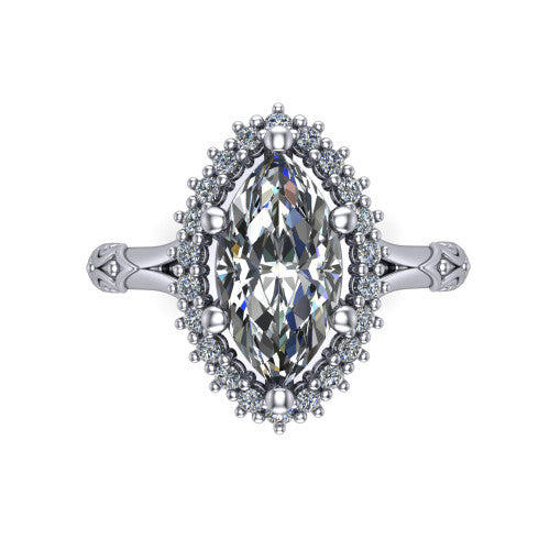 Lillian marquise vintage halo engagement ring in 14K White Gold, top-down view showing the squared pav&eacute; halo framing the marquise center