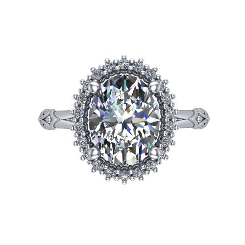 Lillian oval vintage halo engagement ring in Platinum, top-down view showing the squared pav&eacute; halo framing the oval center